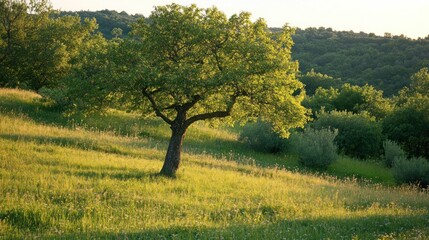 Solitary tree sunset hillside meadow landscape nature tranquility