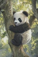 Obraz premium A baby panda climbing a tree,
