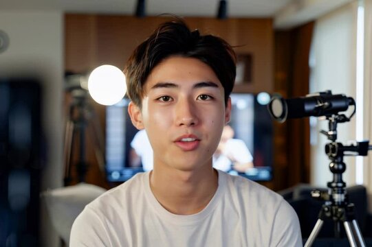 部屋で動画配信の撮影をする日本人男性（ライブ配信・YouTube・ ユーチューバー・クリエイター）	