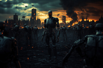 Terrifying robots on the deserted streets of a ruined city, machine uprising concept.
