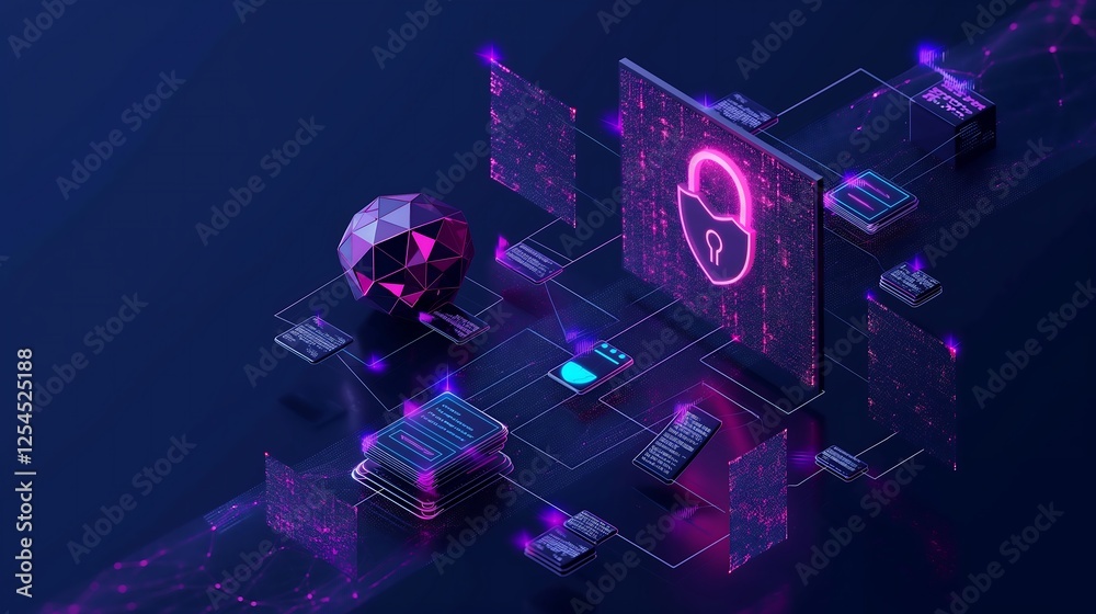 Poster a high-tech network security system with real-time threat detection, encrypted firewalls, and hologr