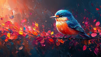 Abstract animal little Bird portrait with multi colored colorful on wings and feathers paint, Vibrant bright gradients tone