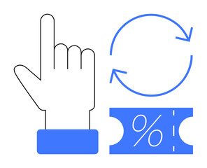 Hand pointing upward next to rotating arrows and a percentage coupon. Ideal for user interaction, renewal concepts, discounts, promotions, circular processes, customer engagement, online shopping