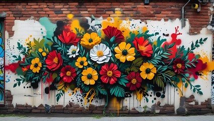 Fototapeta premium Elevate your space with a bold floral mural that fuses street art with an urban edge. Vibrant blossoms and edgy designs create a striking, modern visual impact. 
