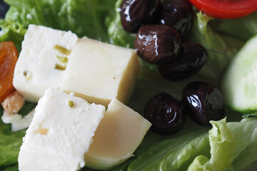 Fresh salad with olives, tomatoes, and cheese on a green base