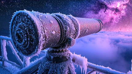 A frosty telescope perched on a snowy ledge, gazing into a vibrant starry sky with clouds