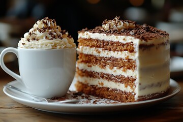Delicious cake with whipped cream and coffee enjoying a relaxing time at the market