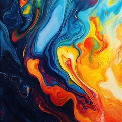 Fototapeta premium Vibrant Abstract Fluid Art with Dynamic Swirls of Blue Yellow and Red for Modern Design