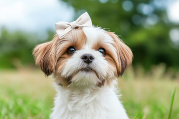 A cute small dog with a bow on its head, standing in a green field, showcasing playful innocence and charm.