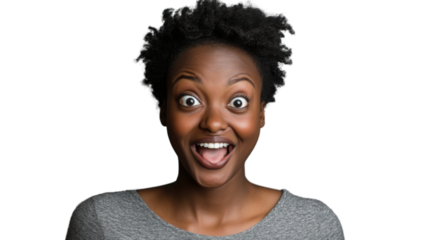 Excited young woman showing astonishment and surprise with transparent background