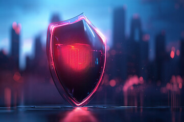 glowing shield stands against blurred cityscape, symbolizing digital security and protection futuristic urban environment. vibrant colors and sleek design convey sense of advanced technology and