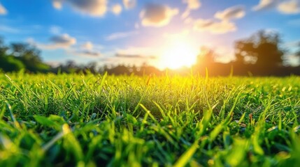 Sunset over green grass field, nature background, idyllic scene, peaceful landscape, perfect for website or print