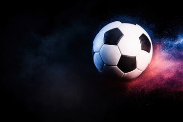 Naklejka premium A dynamic soccer ball is in motion, surrounded by colorful splashes of light, creating an energetic and vibrant atmosphere.