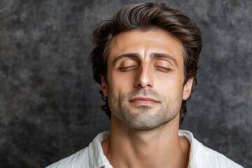 Obraz premium Man with closed eyes enjoying a moment of tranquility in a serene indoor setting with a neutral background
