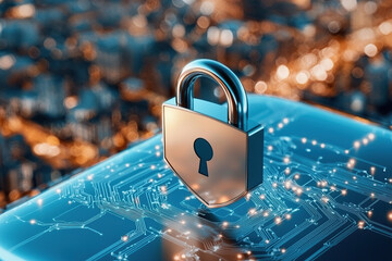 digital padlock symbolizes cybersecurity over cityscape, representing data protection in smart cities. interconnected circuits highlight advanced technology and AI security systems