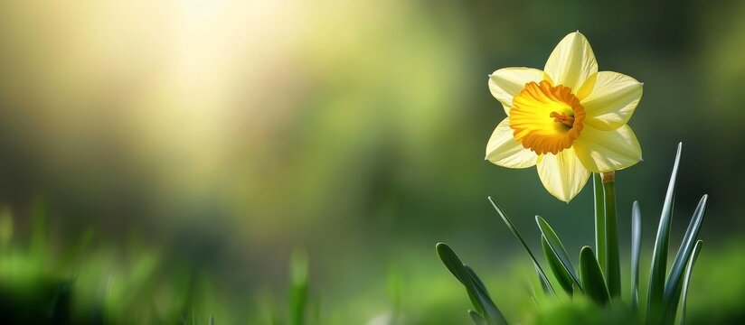 A single yellow daffodil blooms amidst green grass. St. Davids Day, spring wide banner with copy space. Womens Day