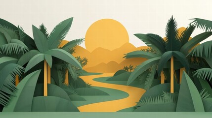 Vibrant Stylistic Landscape with Palm Trees and Sunset: Perfect for Nature-Themed Projects and Illustrations, Depicting Serenity and Tropical Beauty.