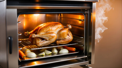 Cooking roasted turkey chicken & vegetables in rotisserie oven Poultry Meat Restaurant Preparation Cooked Dinner Lunch Dish
