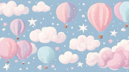 A whimsical illustration of hot air balloons among clouds and stars on a blue background.