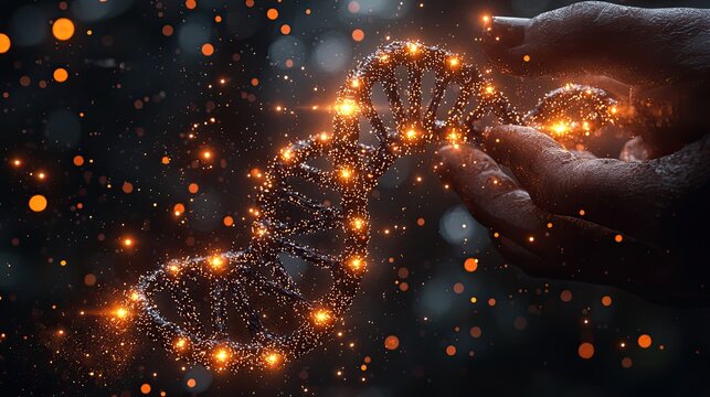 A close-up of a hand holding a glowing DNA strand against a blurred, sparkling background
