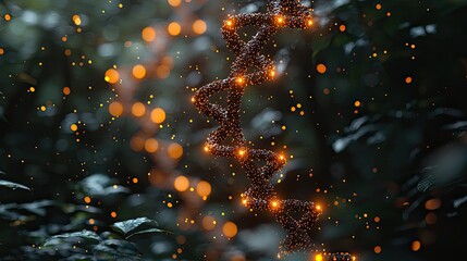 Abstract representation of DNA helix surrounded by glowing particles in a lush green environment