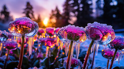 Frozen flowers glistening at sunrise with icicles, surrounded by a snowy landscape and trees