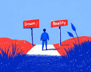 A person stands at a crossroads labeled Dream and Reality, representing the choices we face in life and the balance between aspirations.