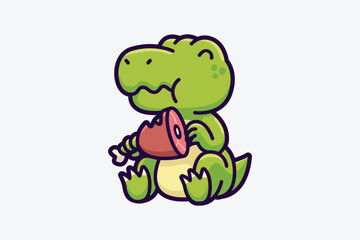 Cute little dino eat meat cartoon illustration © Veesl Studio