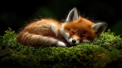 Obraz premium A serene red fox curled up and sleeping peacefully on a bed of lush green moss in a tranquil forest