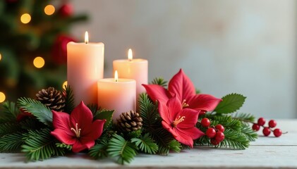 Elegant holiday centerpiece with candles and flowers, evergreen, berries, pinecones