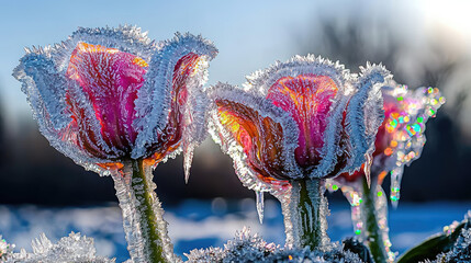 Frozen tulips glistening in sunlight, surrounded by a snowy landscape, creating a serene winter scene