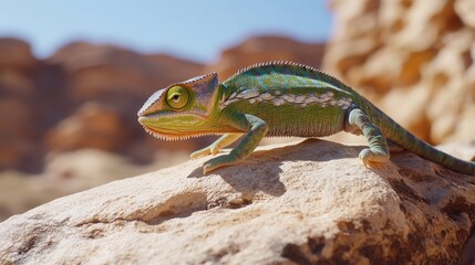 Obraz premium A chameleon changing colors on a rock,
