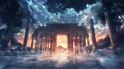 Ancient stone archway at sunset.  Epic fantasy landscape. Digital art.