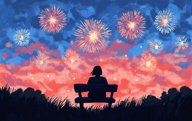 A serene silhouette of a person sitting on a bench, gazing at vibrant fireworks against a colorful sky at twilight.