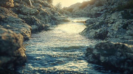 Obraz premium Serene river flowing between rocky banks under the warm glow of sunlight in nature