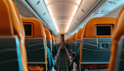Fototapeta premium A vibrant view of airplane interior rows showcasing bright orange seats and overhead lighting, creating a welcoming travel atmosphere.
