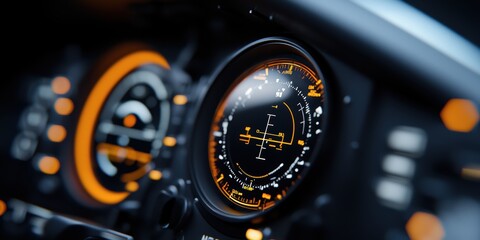 A close-up view of a modern dashboard instrument panel featuring illuminated gauges with orange accents, showcasing intricate designs and details.