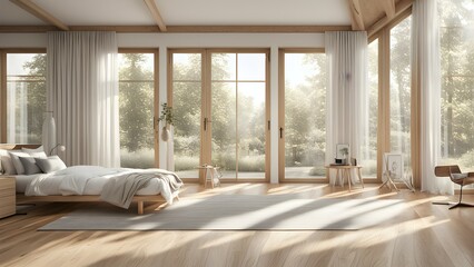 A serene bedroom with large windows, letting in natural light and a view of greenery.