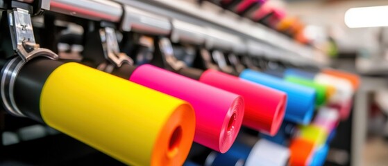 A close-up of vibrant ink rollers in a printing machine, showcasing an array of colors like yellow, pink, and blue, emphasizing the printing process.