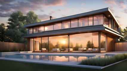 Fototapeta premium Modern house with large windows and a pool at sunset.