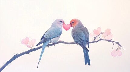 Obraz premium Two Lovebirds Holding Heart-Shaped Petals on Branch, Romantic Moment, Soft Pastel Feathers, isolated on transparent background, png, Studio Shot