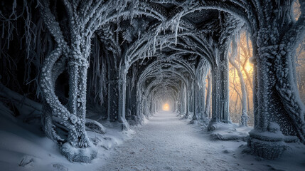 A serene winter pathway lined with frosted trees, leading to a glowing light in the distance