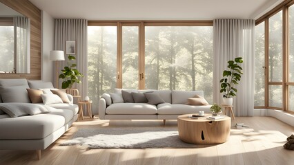 A serene living room with large windows showcasing a forest view, emphasizing comfort and nature.