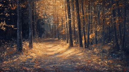 Fototapeta premium Golden Sunlight Illuminating a Forest Path Through the Trees in an Impressionistic Style
