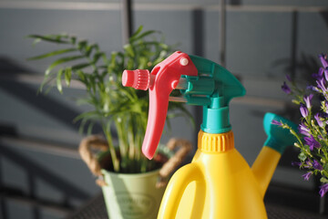Spray bottle next to plants on a sunny day outdoors