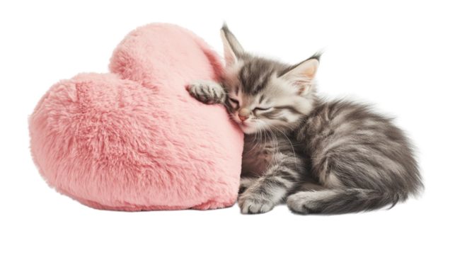 Cute Bunny and Fluffy Kitten Hugging a Plush Heart Pillow – Adorable Pets in Studio Shot, transparent background