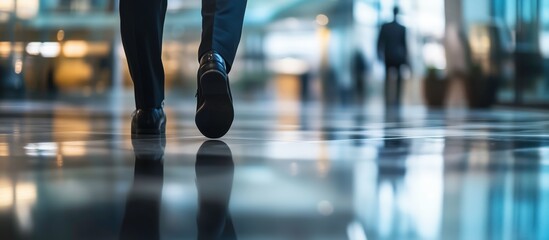 Businessman Walking Through Modern Office: A low-angle shot focusing on the feet of a businessman walking purposefully through a modern, bright office building with blurred figures in the background.