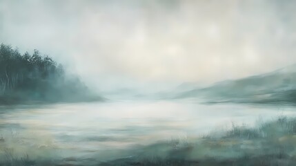 Obraz premium Serene Lake Landscape with Misty Mountains and Forest in Soft Pastel Colors Painting Style