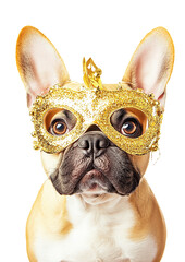 Funny French Bulldog Wearing Sparkling Golden Mardi Gras Mask with Bells, Serious Expression, Isolated on transparent background