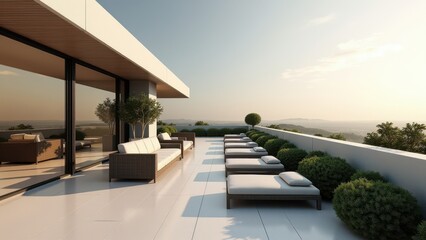 Obraz premium Minimalist rooftop garden with modern furniture, greenery, and mountain view 
